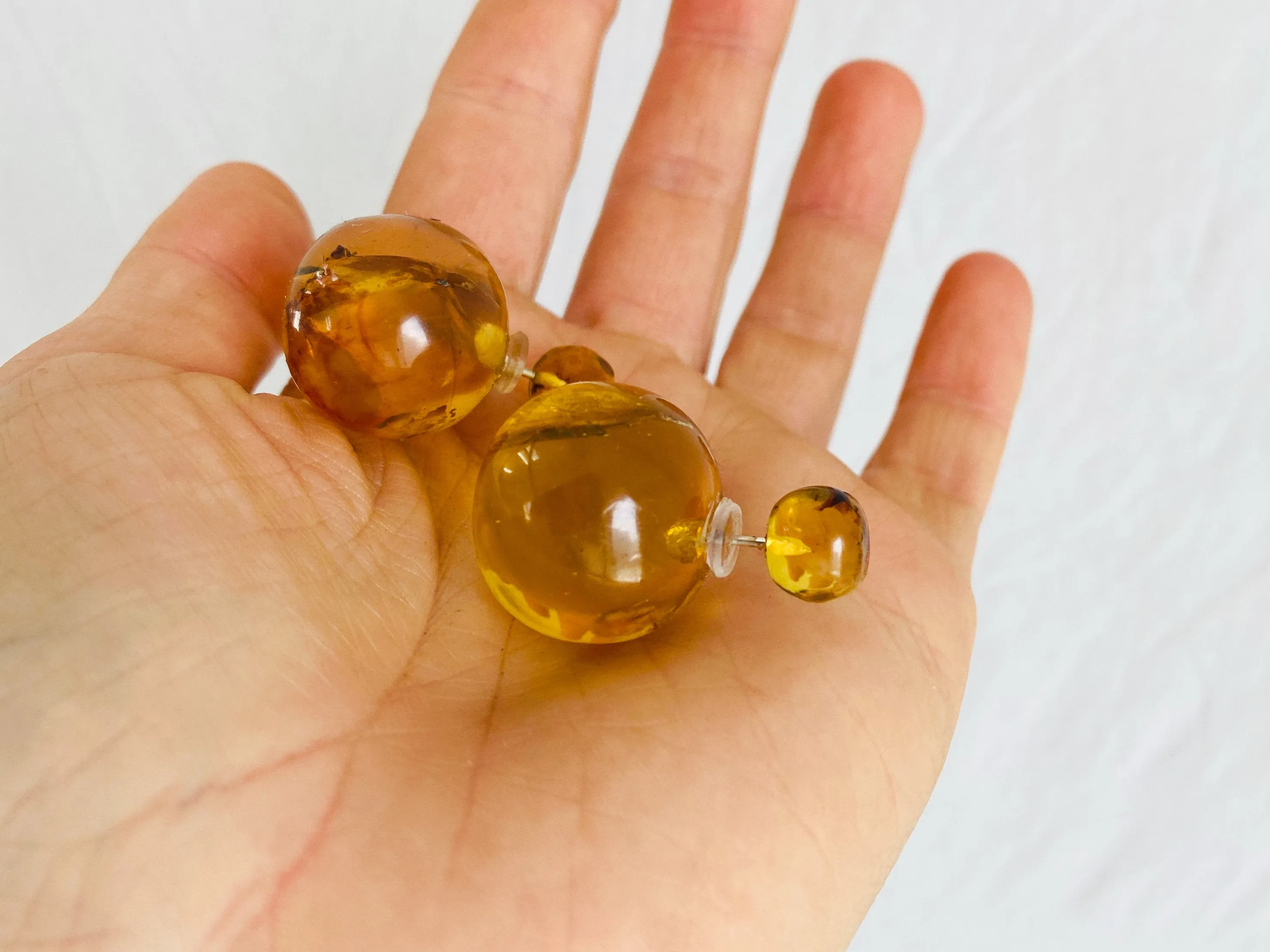 Large Amber Barbell Earrings. Double Sided.
